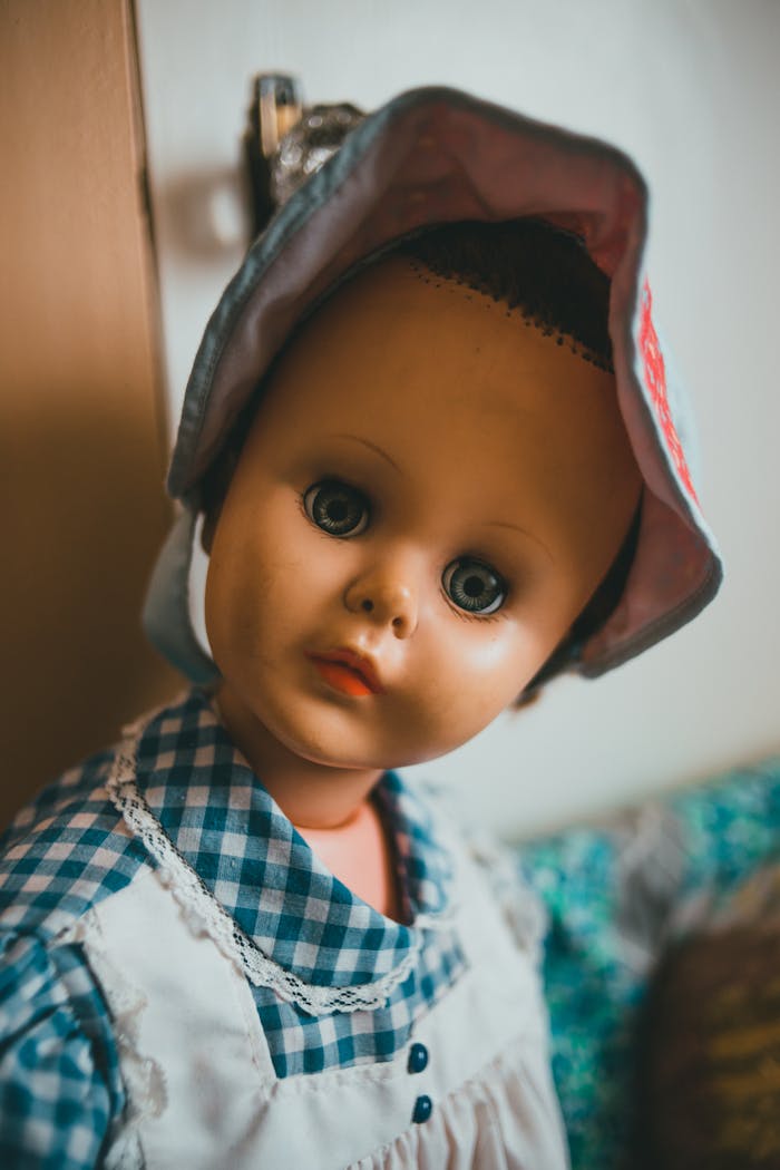 Charming vintage doll in a checkered dress and hat, capturing timeless childhood charm.